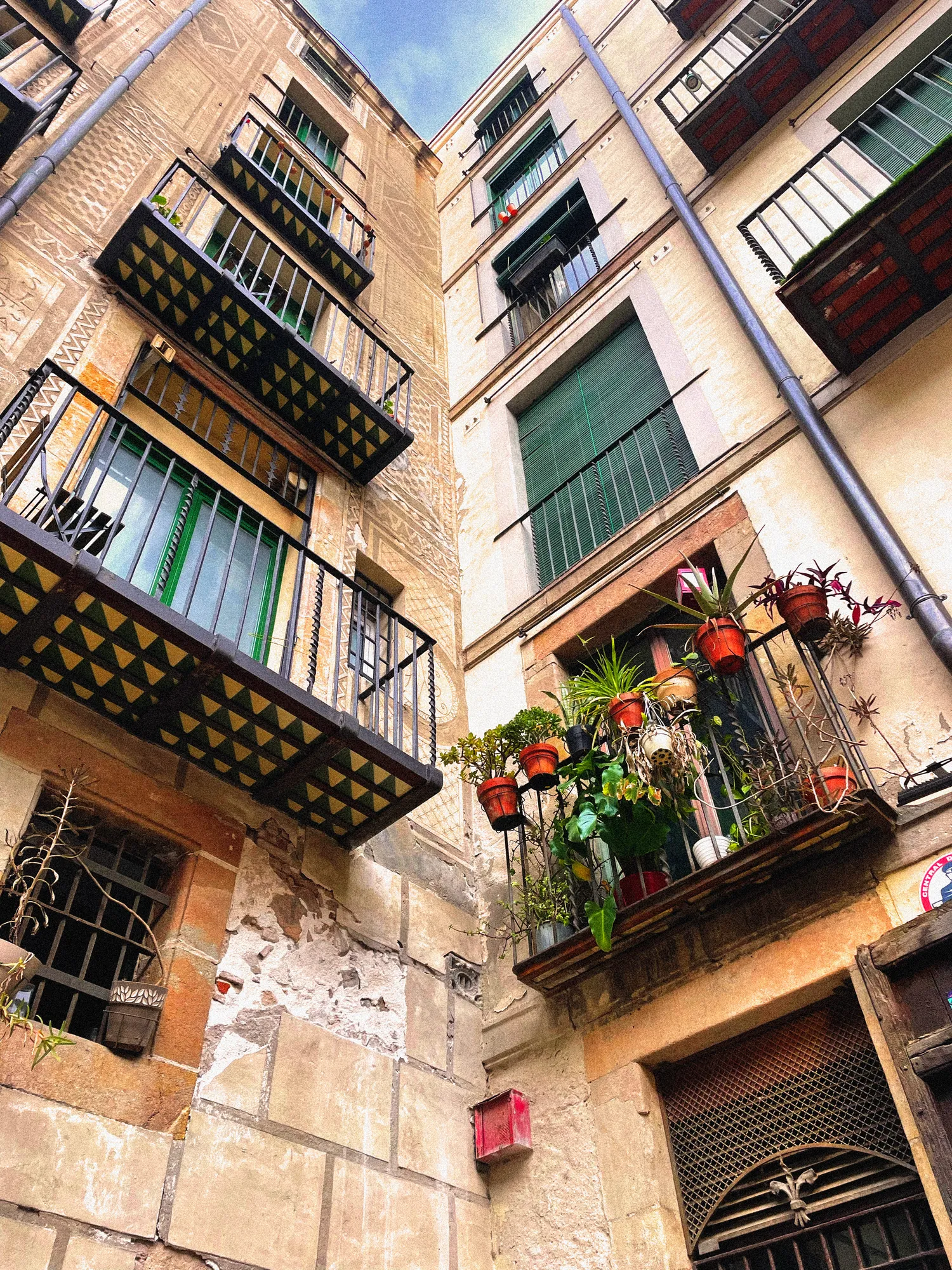 Fachadas de un edificio antiguo de Barcelona vistas desde abajo, con balcones llenos de plantas