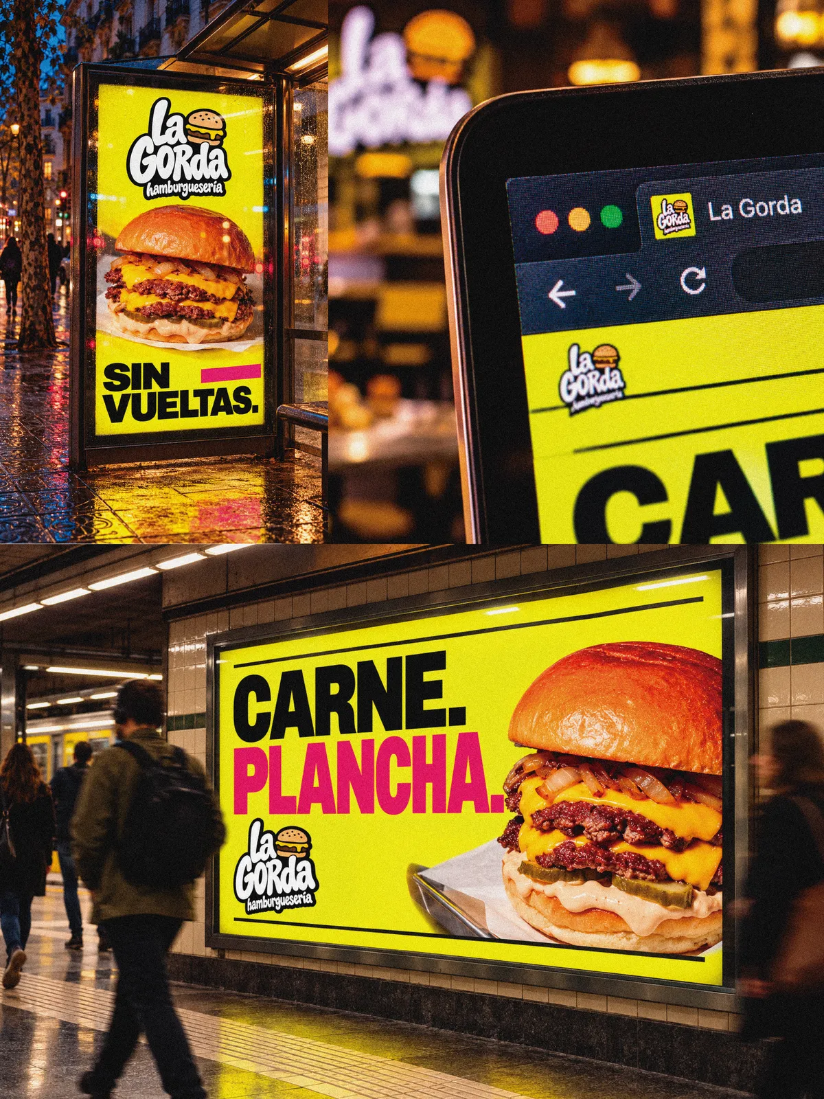 Kit de La Gorda: cartel en una marquesina de noche, la pestaña del navegador con el favicon y un anuncio en el andén del metro