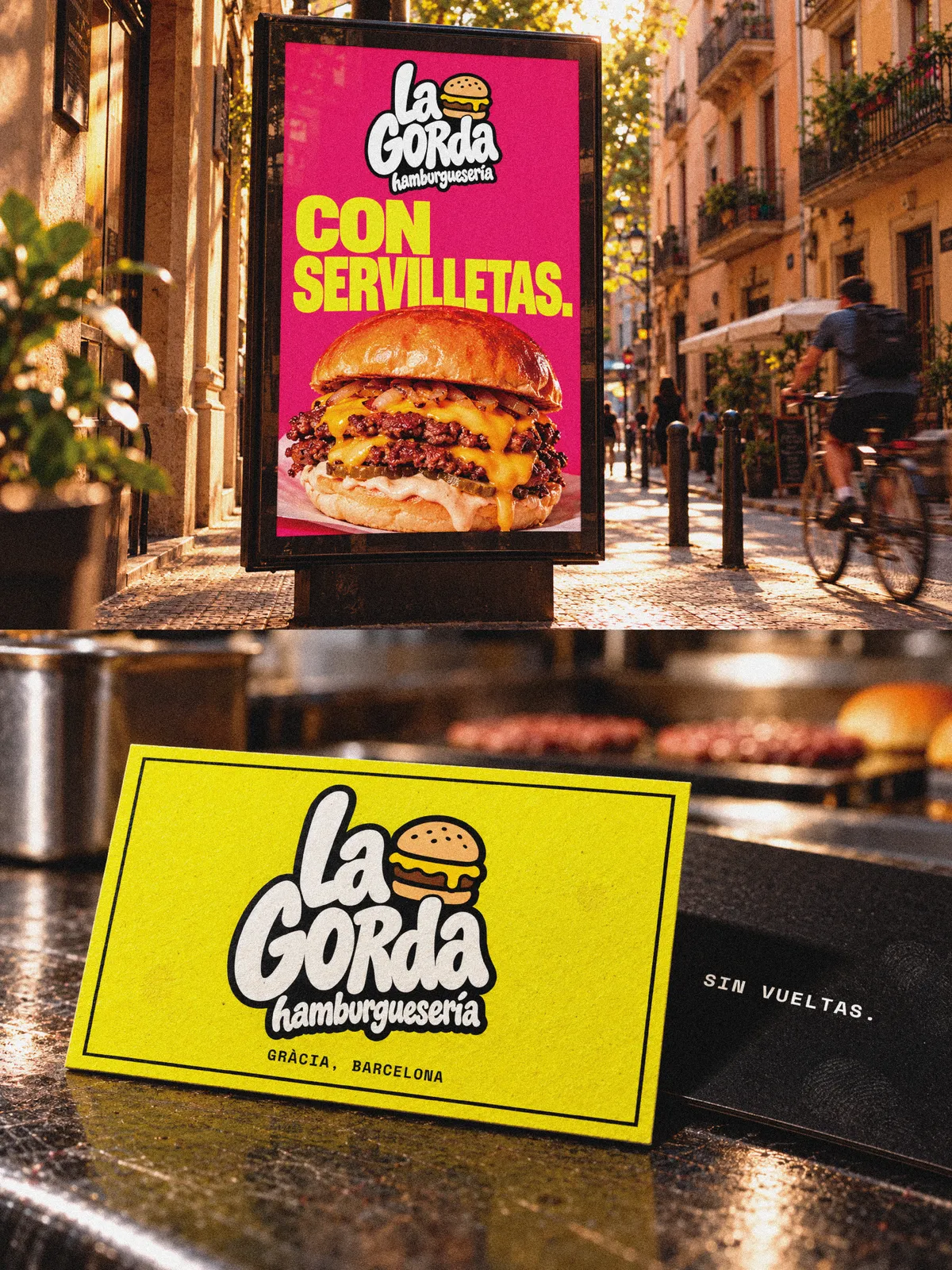 Kit de La Gorda: cartel rosa en una calle de Gràcia y la tarjeta amarilla sobre la barra