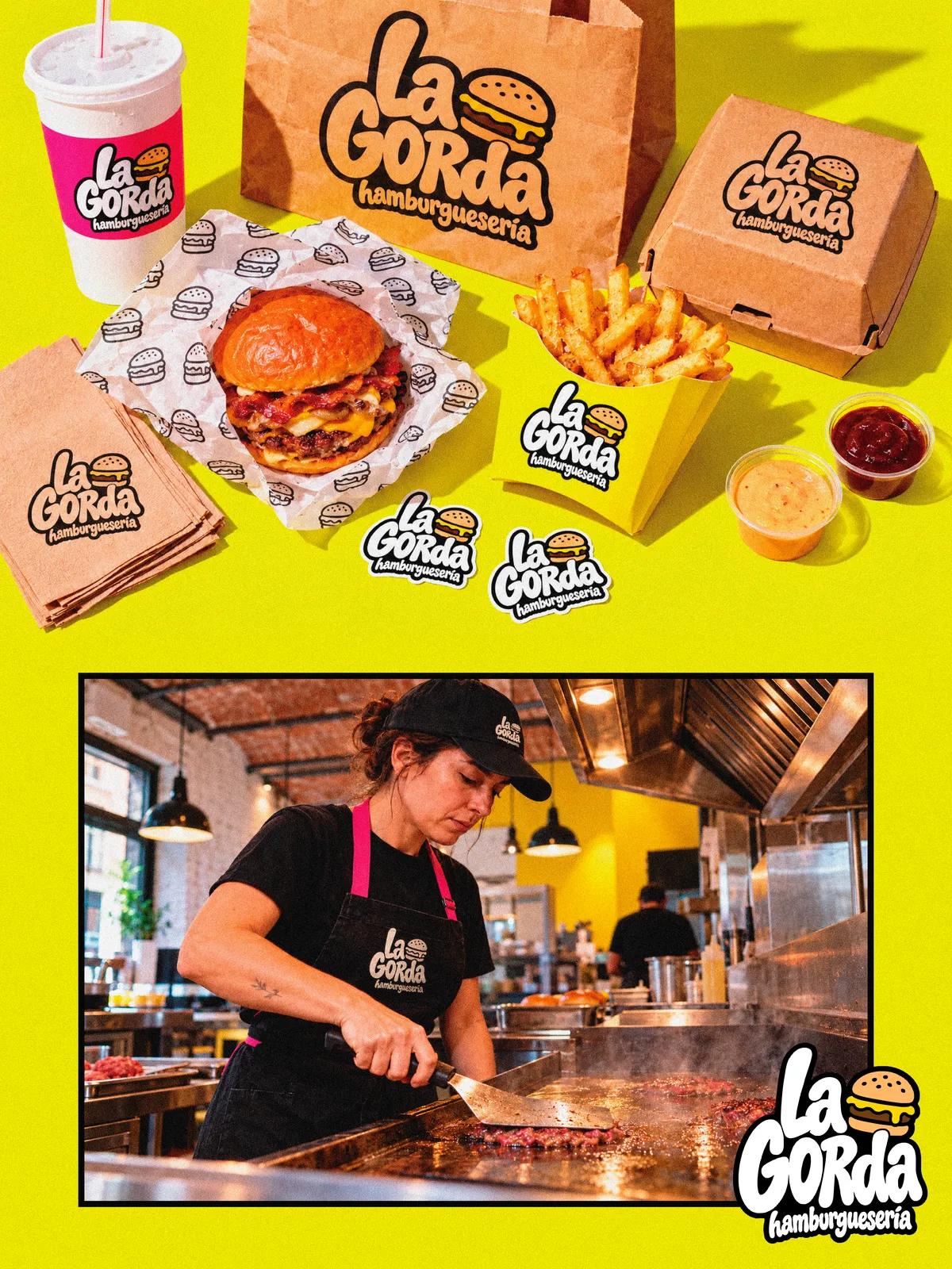 Kit de La Gorda: el pedido completo sobre fondo amarillo y una cocinera con gorra y mandil de la marca en la plancha