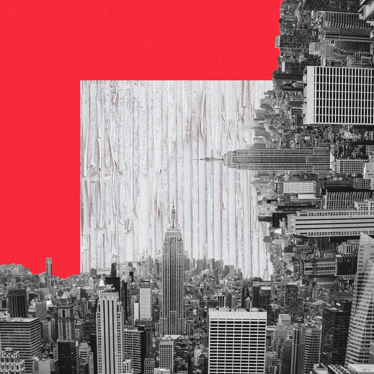 Portada de HELIX.: rascacielos de Nueva York en blanco y negro, unos girados, sobre fondo rojo y un cuadrado de pintura desconchada