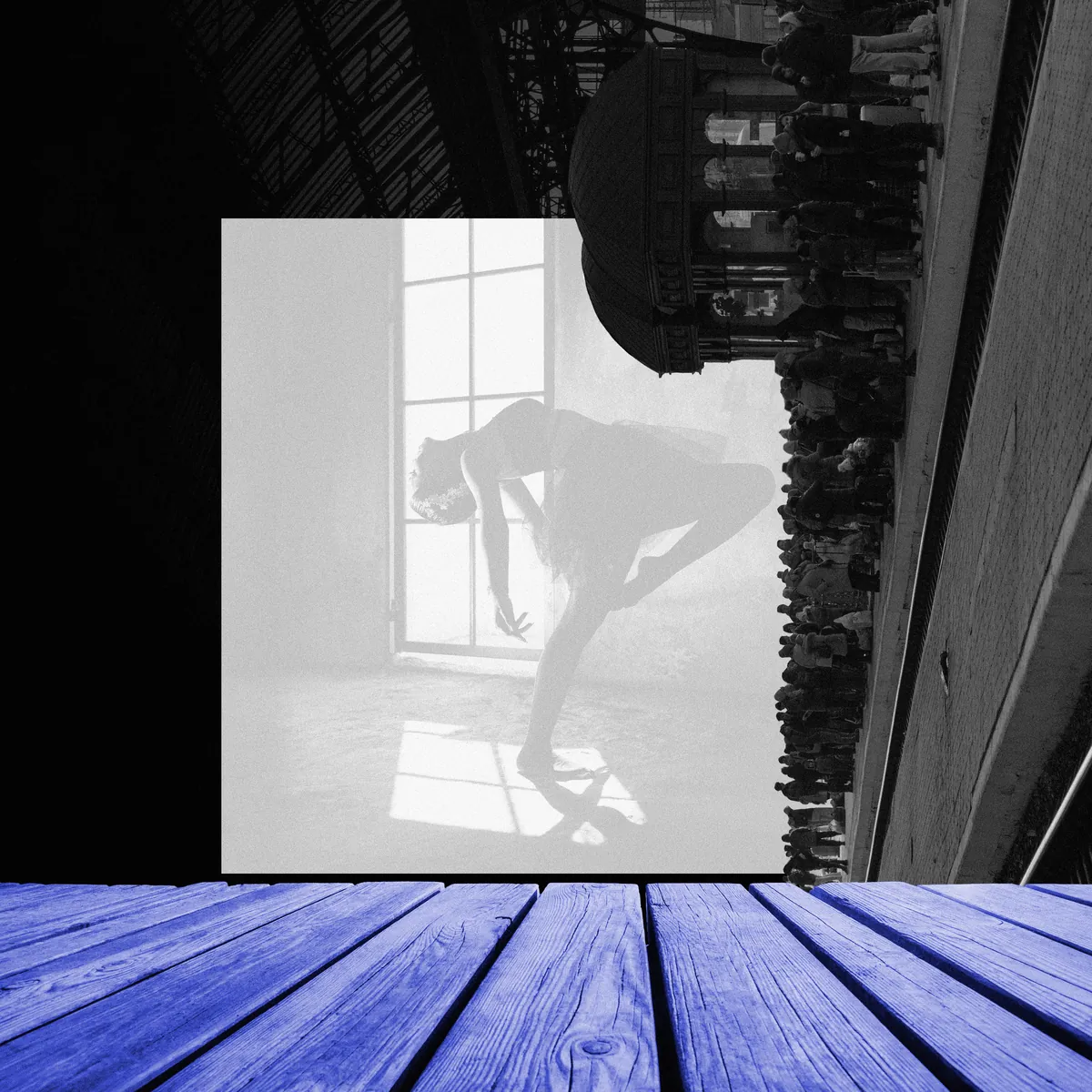 Portada de HELIX.: una bailarina junto a una ventana dentro de un cuadrado claro, una estación girada y un suelo de madera azul