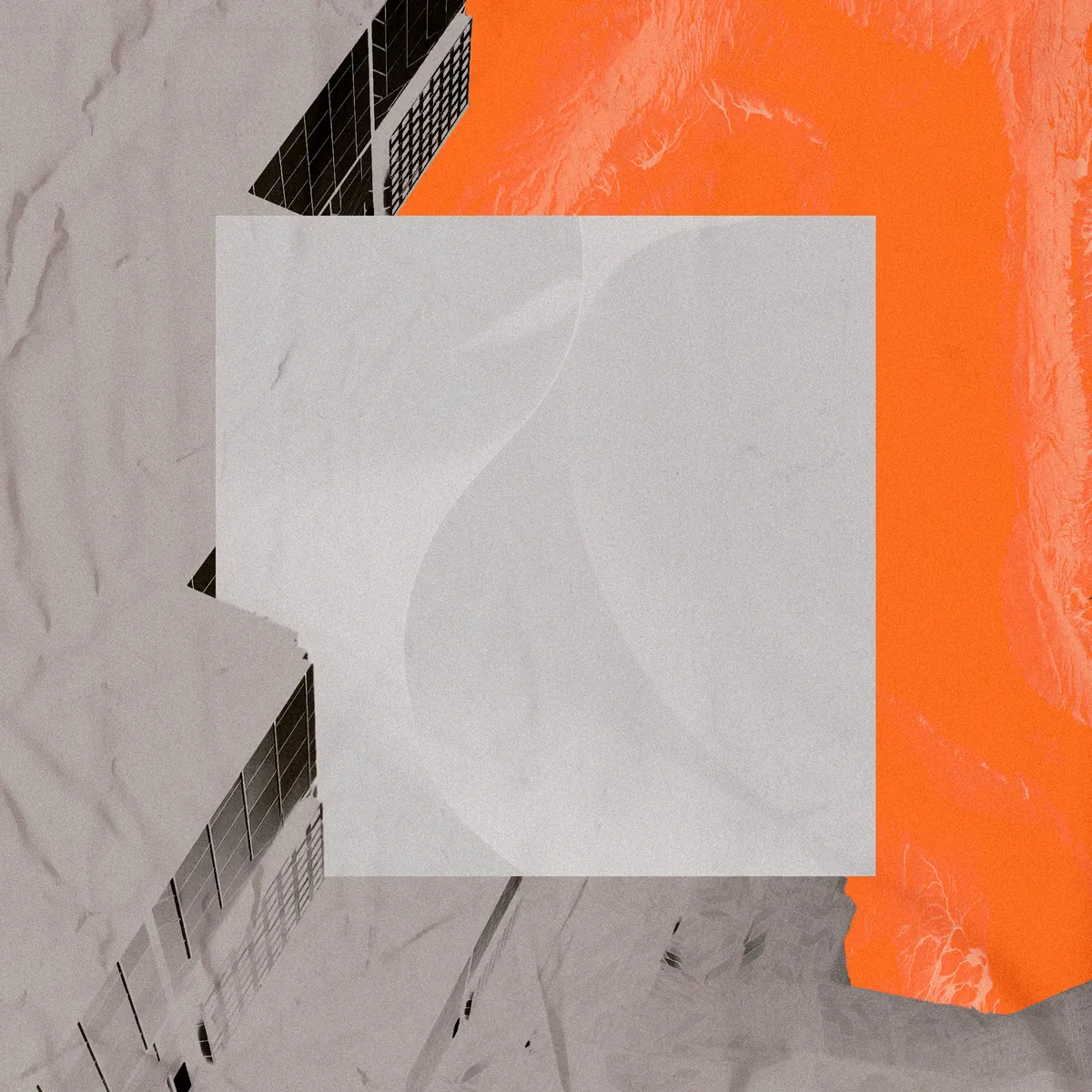 Portada de HELIX.: un satélite en gris, una textura naranja y un cuadrado claro en el centro