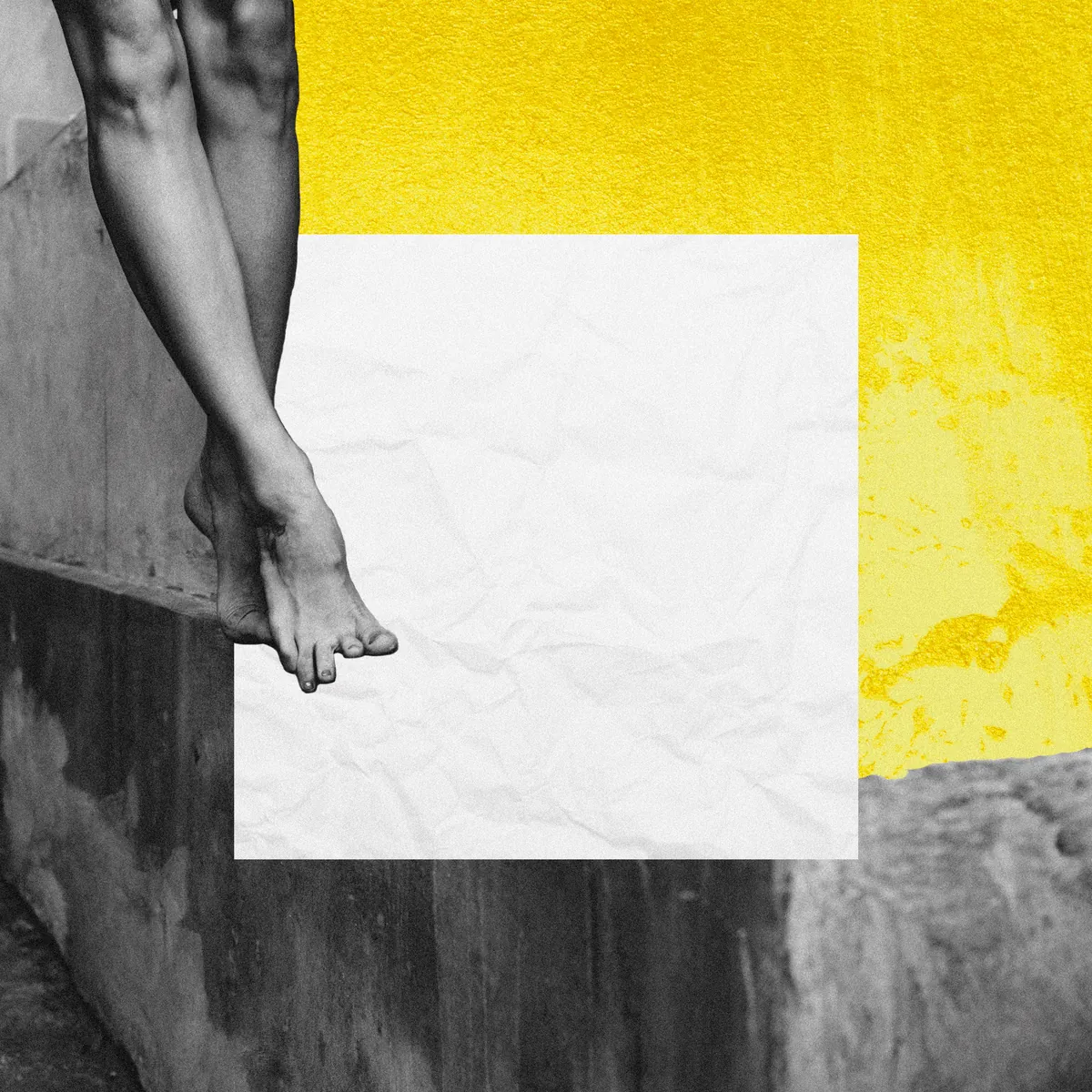 Portada de HELIX.: unas piernas en blanco y negro colgando sobre un muro, pintura amarilla y un cuadrado de papel arrugado