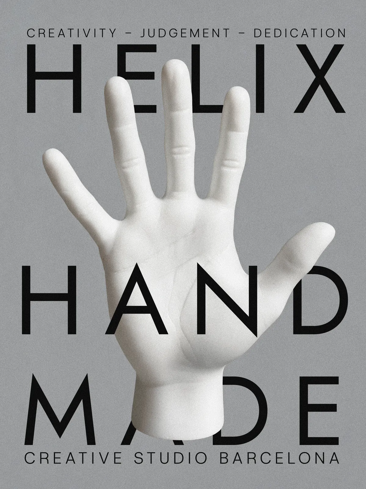 Póster de HELIX.: una mano blanca abierta entre las palabras HELIX, HAND y MADE, sobre fondo gris